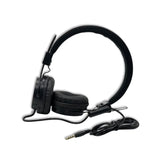 Black headphones with a cable on a white background